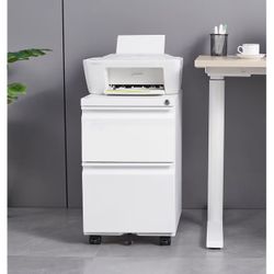 2 Drawer File Cabinet with Lock and Wheels,White Rolling File Cabinets,Locking Mobile Metal Filing Cabinet for Home Office,Under Desk,Fit A4/Letter/Le