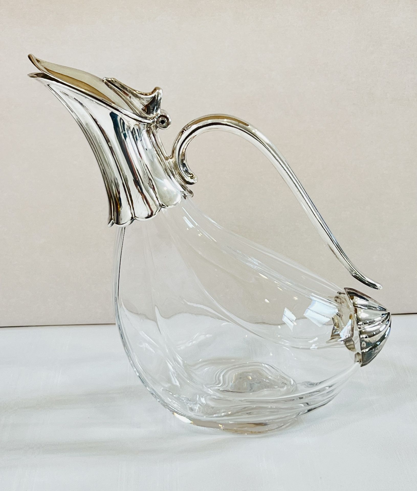 Barware ~ Vintage Silver Plate Duck Decanter/Pitcher/Carafe  ~ 1970s Royal Crystal Rock From Italy ~ Art Deco Modern Carafe