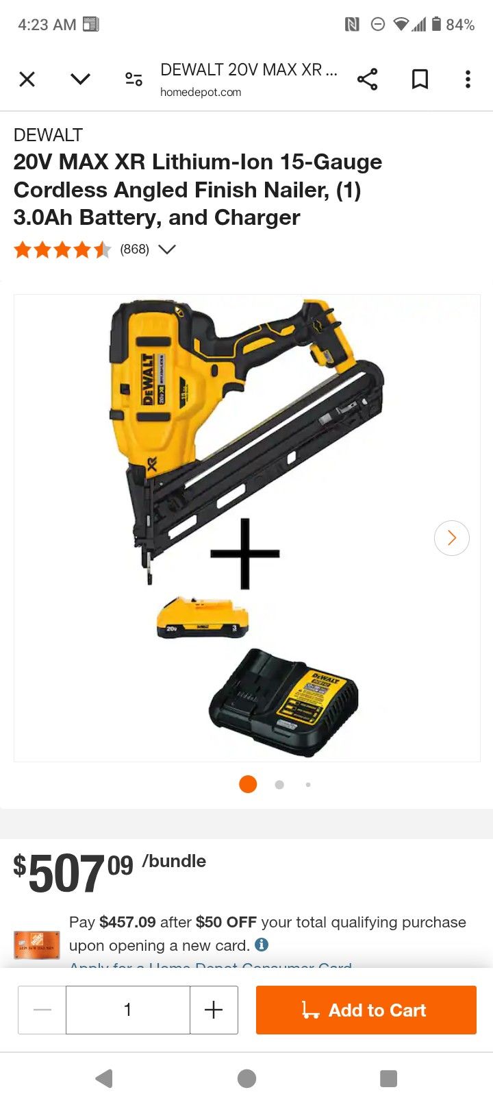 New DeWalt 20v Max XR 15gauge Finish Nailer With Battery An Charger
