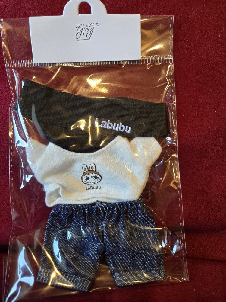 Labubu Visor, Jeans, White Shirt Outfit (Clothing Only, Doll Not Included)