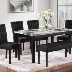 Brand New Faux Marble Dinning Table With FOUR CHAIRS & BENCH On Incredible Sale! 