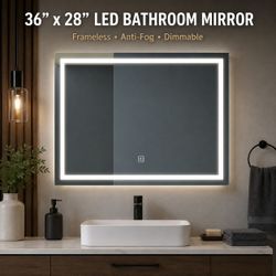 36” x 28” LED Backlit Frameless Bathroom Vanity Mirror w/ Rounded Corners – Anti-Fog / Dimmable [NEW]  **Retails for $260