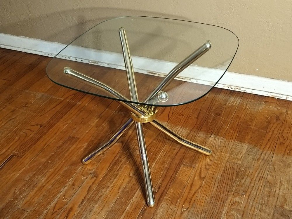 Vintage Mid Century Hollywood Regency Brass Plated Jax Glass Top Side End Accent Table, Only Have One.
