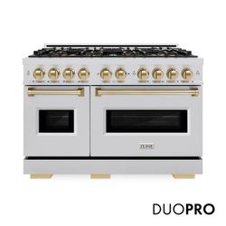 ZLINE Autograph Edition 48 in. 6.7 cu. ft. Classic Gas Range with 8 Burner DuoPro™ Cooktop and Dual Ovens in Stainless Steel and Champagne Bronze Acce