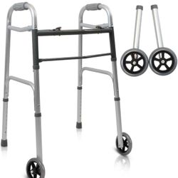 Vive Folding Walker for Seniors - Sturdy Steel Foldable Frame for Adults - Standard Walker with 5" Front Wheels and 2 Rear Ski Glides - Supports up to