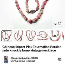 Chinese Export Pink Tourmaline Persian jade knuckle bone vintage necklace