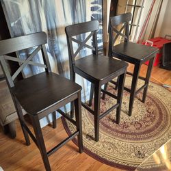 Nice Used Three Black Wooden Bar Stools. 