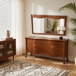 Solid wood dresser, two nightstands, stool, mirror, side table and bookshelf