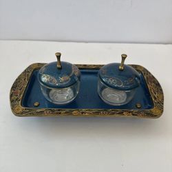 Set of 2 Brass Ornate Enamel Condiment Jars w Under Tray Israel No Spoons