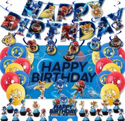 Vibrant Sonic the Hedgehog birthday party decorations set.