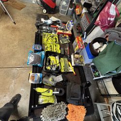 Lot of Ryobi & other various builders tools Skill saw router Dremel tool glue gun drill bits paint supplies tarps Wood furniture vices  Heat gun chalk