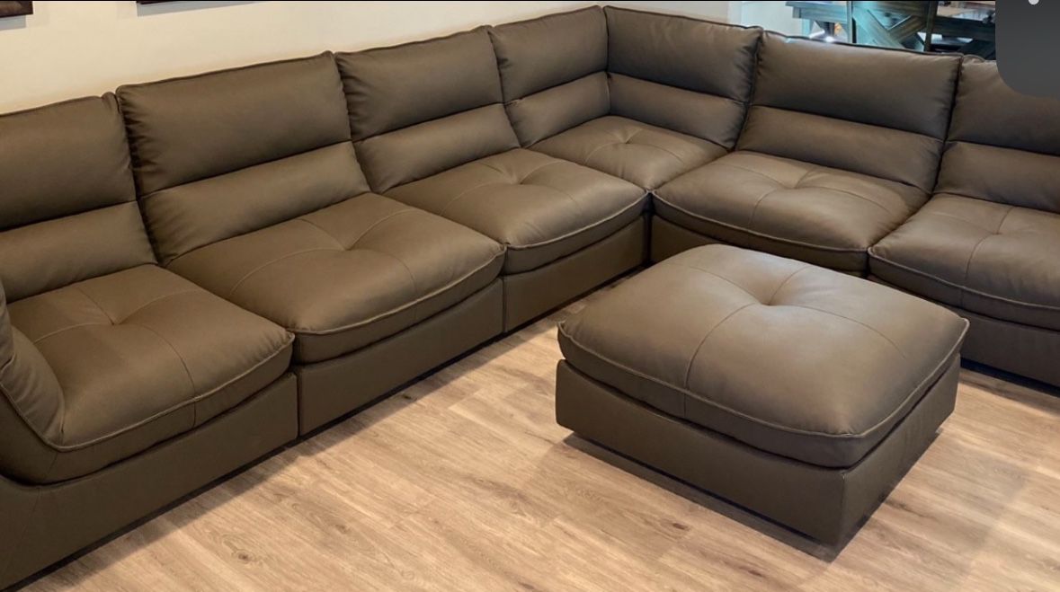 Need Sold ASAP!! Grey Modular Leather Couch with Ottoman