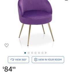  Upholstered Velvet Accent Chair Girl's Purple Vanity Chair, Mid-Century Modern Barrel Chair w/Golden Metal Legs, Retro Leisure Reading Comfy Lounge C