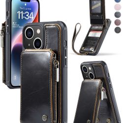 Strapurs iPhone 14 Case Wallet with Card Holder, Vintage PU Leather RFID Blocking Wirst Strap Zipper Double Magnetic Button Flip Folio Kickstand Shock