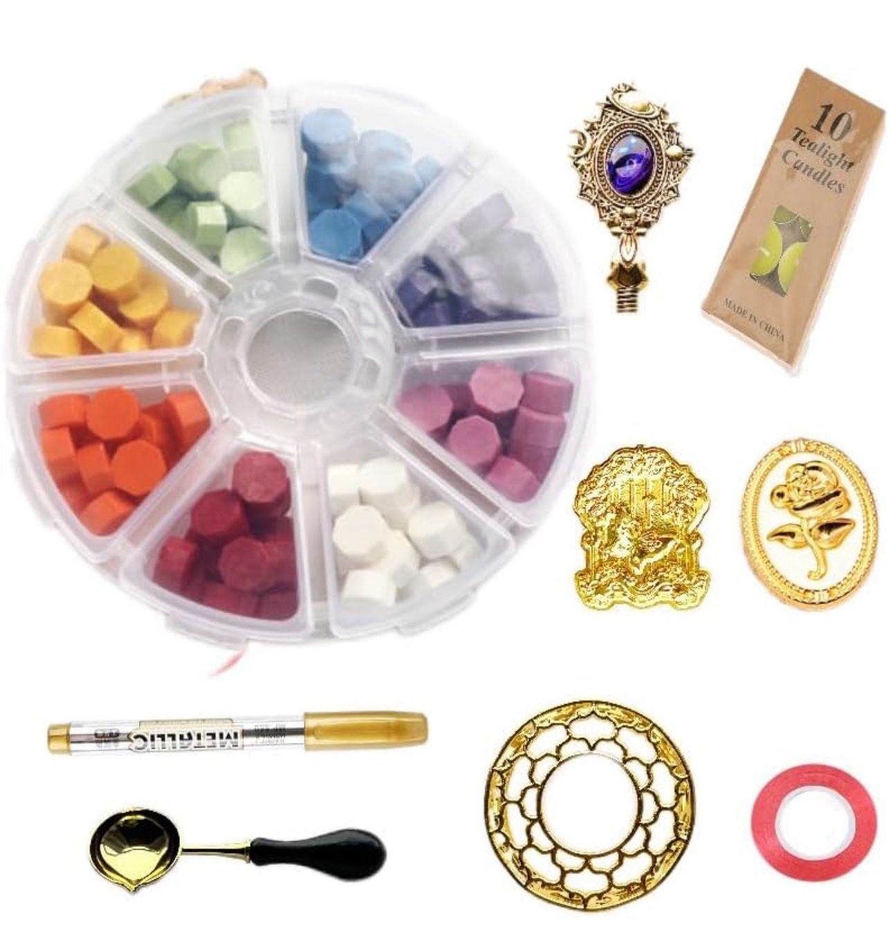 Sealing Wax Kit,160 Pcs Wax Seal Stamp Kit with 8 Color Wax Seal Beads,2 Wax Seal Stamp,1 Pen,1 Warmer, Spoon and Candles for Gift & Envelope, Wedding