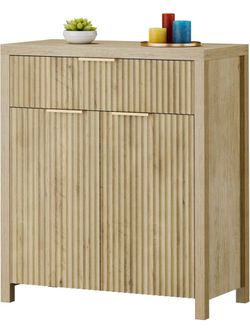 Fluted Buffet Cabinet for Kitchen, 28.3" Sideboard Cabinet Natural Adjustable Shelves, Quiet Full-Extension Slides, Curved Metal Handle, Coffee Bar wi