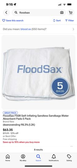 FloodSax Sandless Sandbag Water Absorbent Flood Barrier,19" x 20" 5 Pack