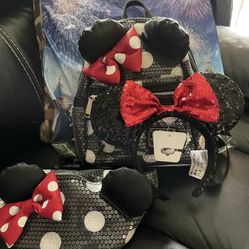 Loungefly Disney Parks Black Sequin Polka Dot Mini Backpack, Disney Parks Loungefly Sequin waist bag Fanny Pack Minnie With Ears Polka Dot and Disney 