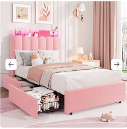 LED Twin size bed frame with 2 storage drawers for girls