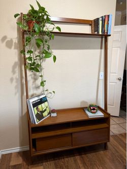Mid-Century Modern Leaning Ladder Shelf / Wall Unit with Storage Cabinet