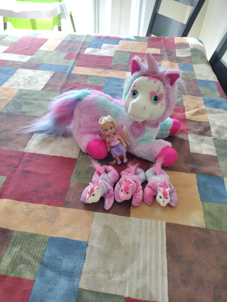 Unicorn Stuffed Animal With 3 Babies And A Ferry Baby's Fit In The Belly