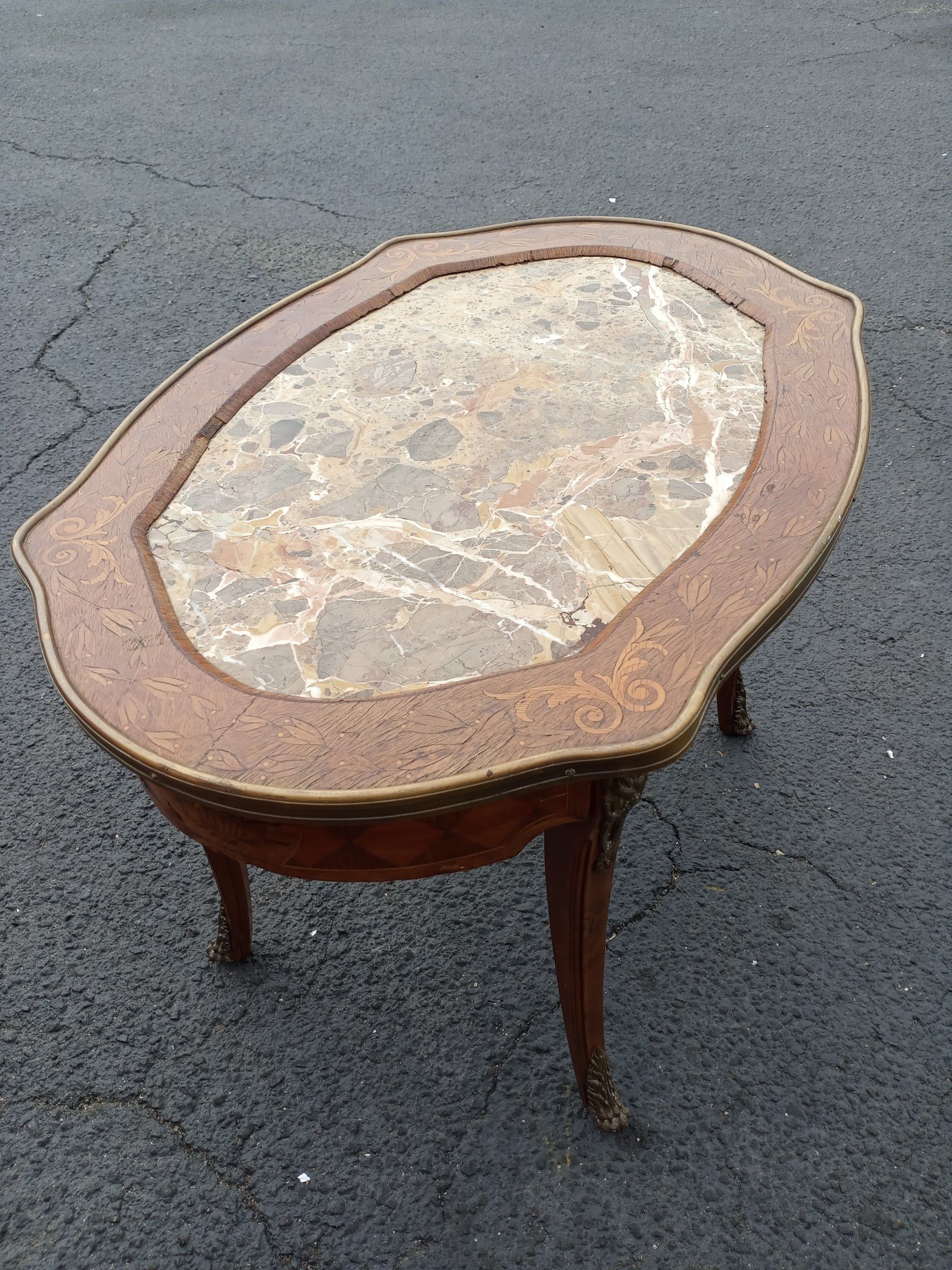 Antique Wood Table with Marble Inlay