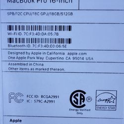 Apple MacBook Pro 16" M3 Pro Chip 18GB RAM 512GB SSD Space Black MRW13LL