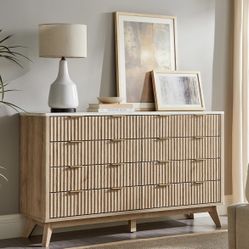Brand New Oak and Marble Top Fluted 8 Drawers Dresser And TV Stand Curved Profile Modern Design