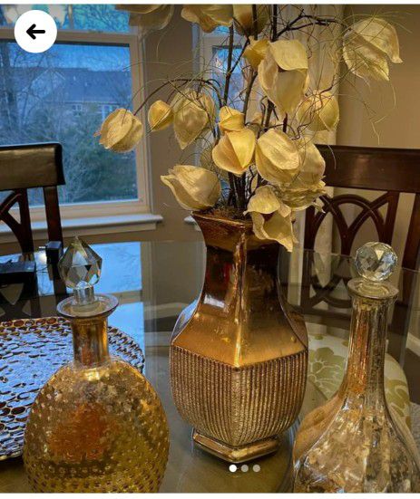 Model Home Decor..2 Gold looking Bottles/Jars With Tops, And 1 Vase With Silk Like Tulips