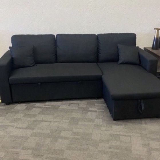 Black Linen Sectional  Sofa Pull-out  Bed 