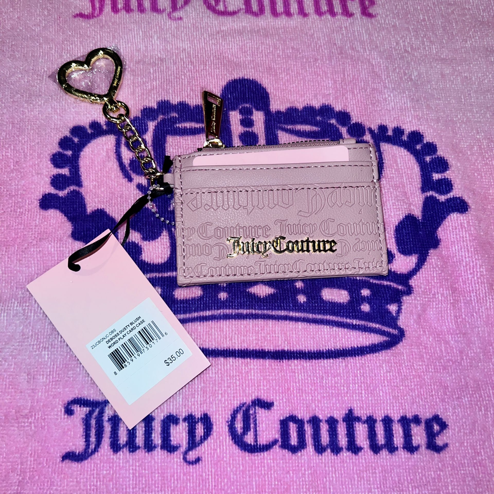 New Pink Juicy Couture Wallet Card Case Holder Keychain Deboss Dusty Blush Word Play