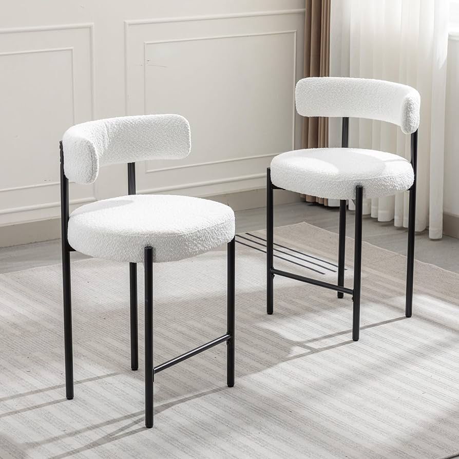Counter Height Bar Stools, 24'' White Bar Stools Set of 2, Boucle Barstools with Back, Mid-Century Modern Bar Chairs for Kitchen Island, Dining Room