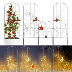 38" Garden Metal Trellis for Climbing Plants support with Lights, 3 Pack, Solar