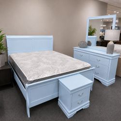 4 piece queen size bedroom set / included bed frame ,dresser ,mirror ,nightstand )