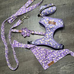 Purple Daisy Flower Harness, Leash, Collar, Bandana & Poop Bag Set