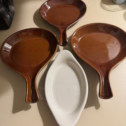 Set Of 3 Vintage HALL USA Brown Glazed Cooking Grilling Skillet #1677 & Au Gratin Dish #521