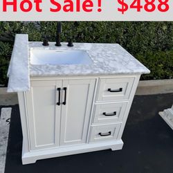 36”white single sink bathroom vanity with carrara white marble stone top