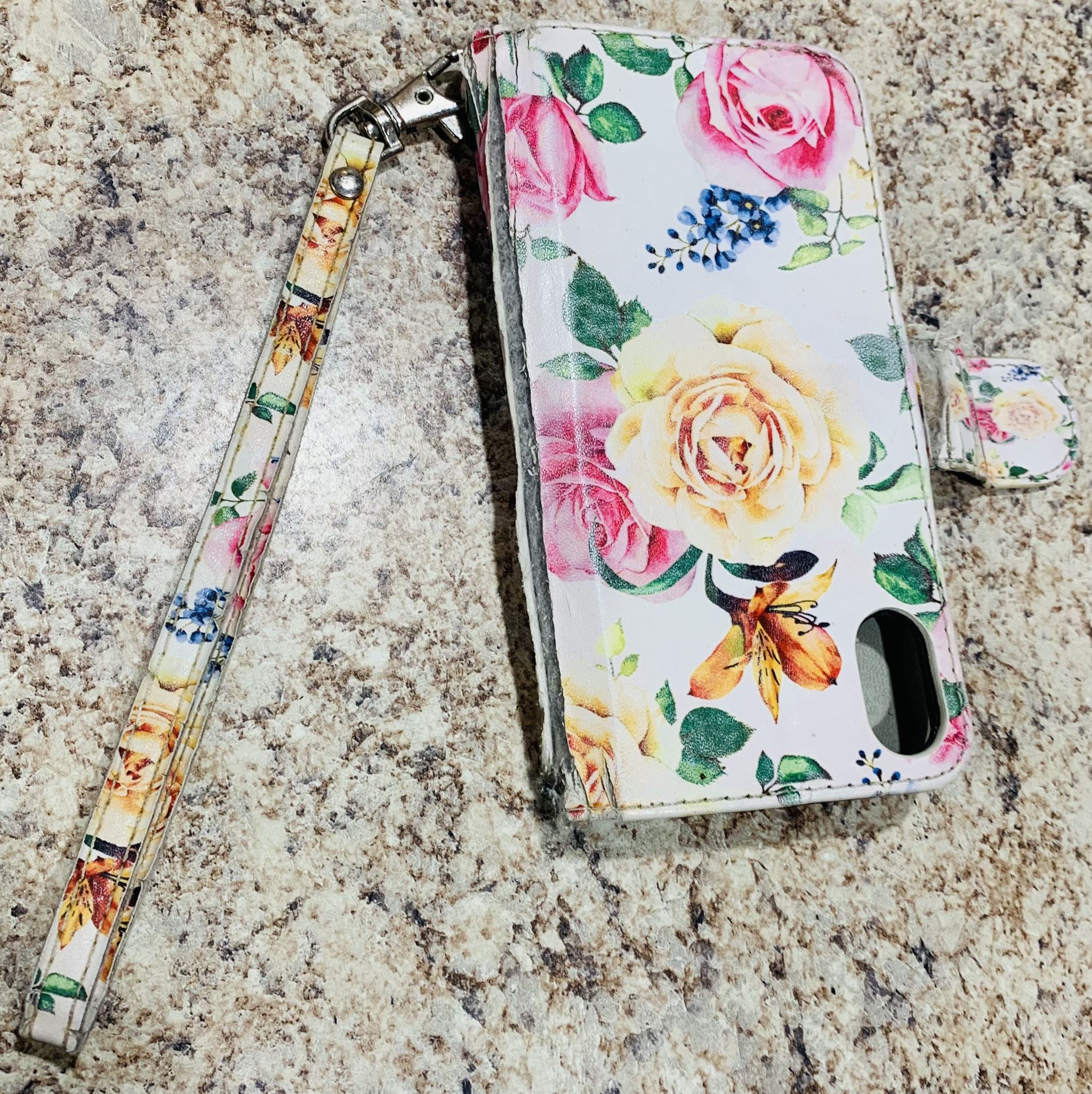 Pink Floral iPhone X Zippered Wallet Cellphone case With 9 Slot Card Holder & Handle