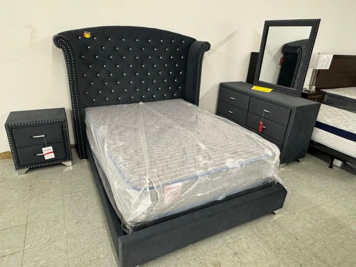$10 Down Payment Finance 😍New Melody Gray Upholstered 4 Piece Queen Bedroom Set