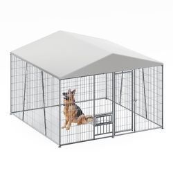 10 x 10-FT heavy-duty outdoor dog kennel with feeding bowl, full coverage waterproof roof, easy-to-assemble wire mesh fence with secure lock.