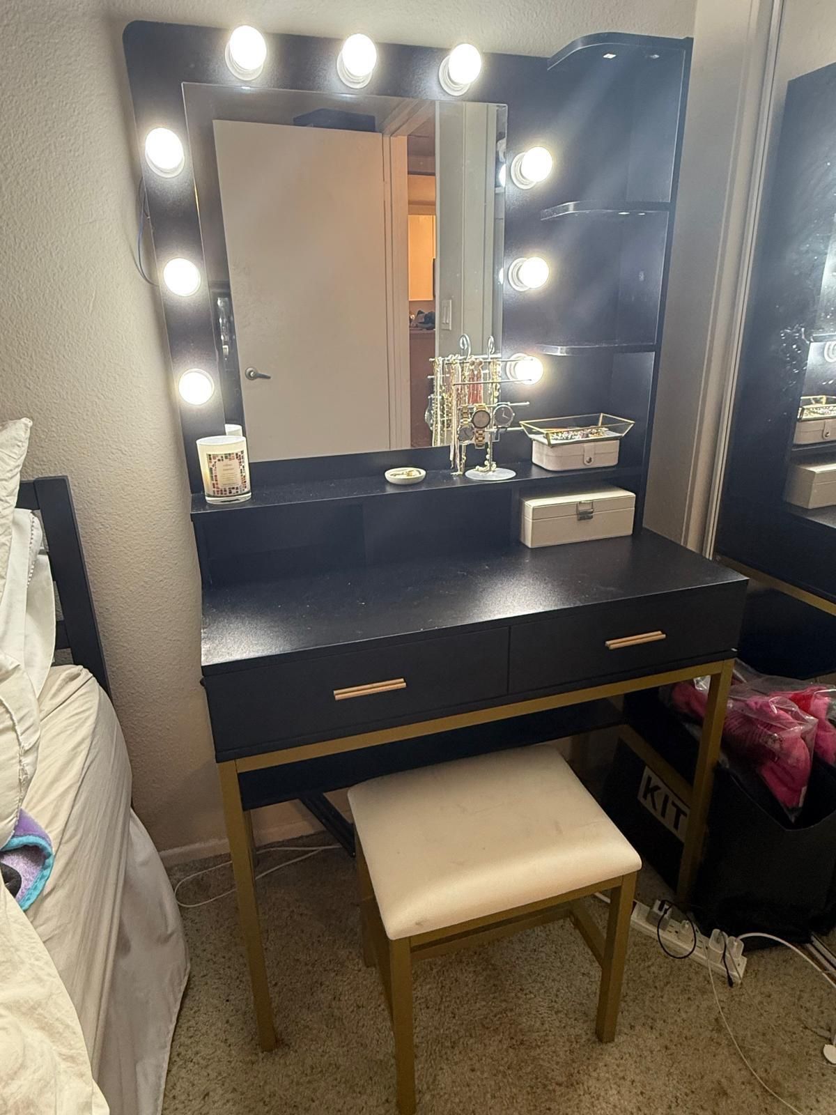 PakaLife Vanity Desk Set with Lighted Mirror, Makeup Vanity Dressing Table with LED Light, Cushioned Stool, Storage Shelves, Drawers, Corner Vanity fo