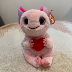 Ty Beanie Bellies Locky Plush Pink Axolotl with Heart 2023