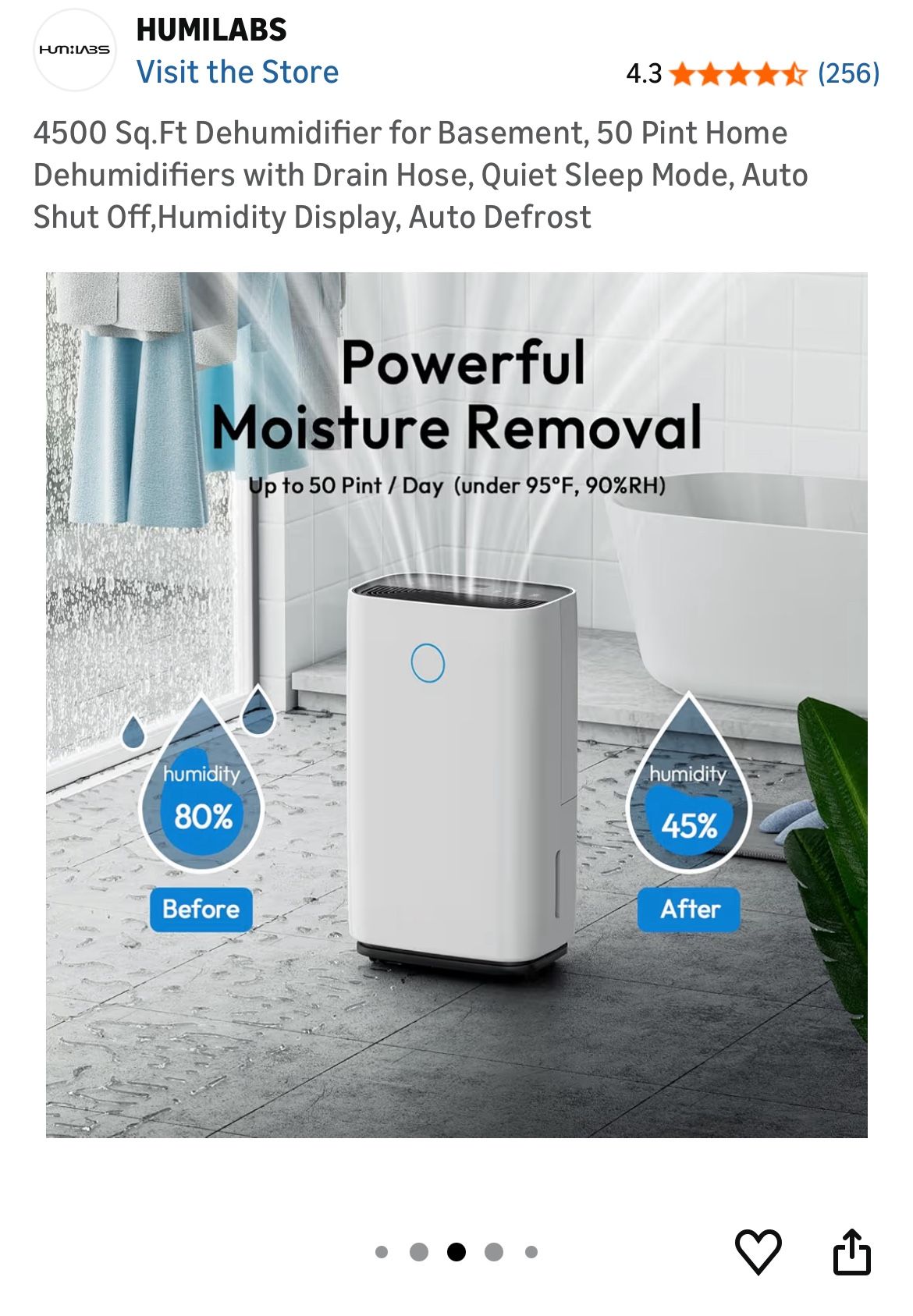 50-Pint Dehumidifier – HUMILABS – Covers 4,500 Sq Ft