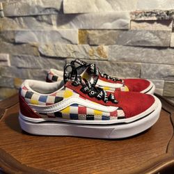 VANS Kids Sz 12 Checkerboard Red Suede ComfyCush Old Skool Skater Sneakers EUC