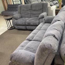 Grey Reclining Sofa Love Seat Set In Stock