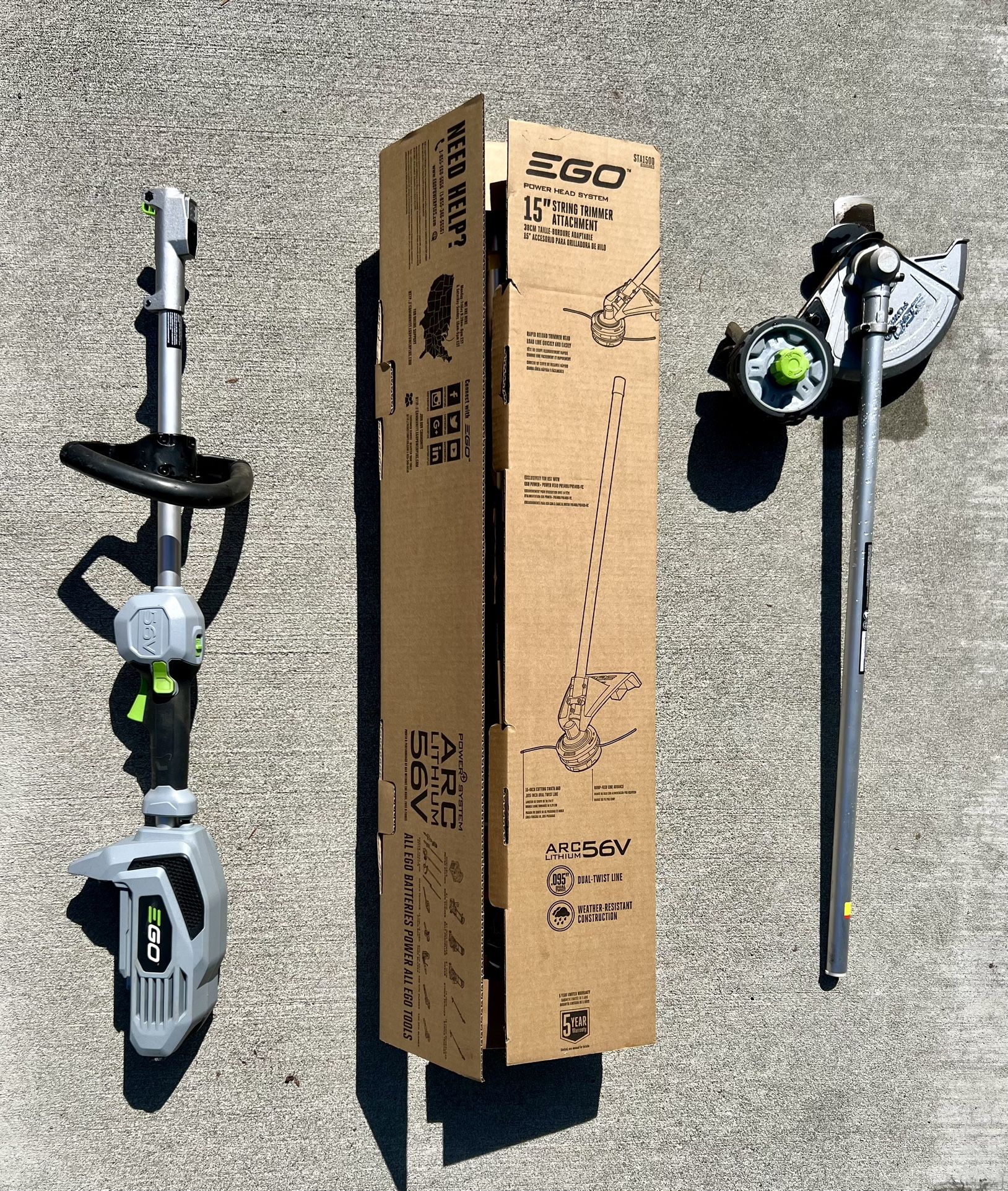 EGO Power+ power head, 15” string trimmer attachment, edger attachment.