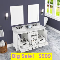 60”white single sink bathroom vanity with carrara white marble stone top