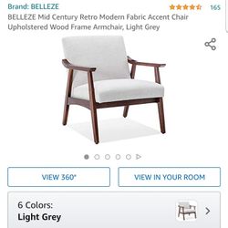Mid Century Retro Modern Fabric Accent Chair Upholstered Wood Frame Armchair (Light Grey)