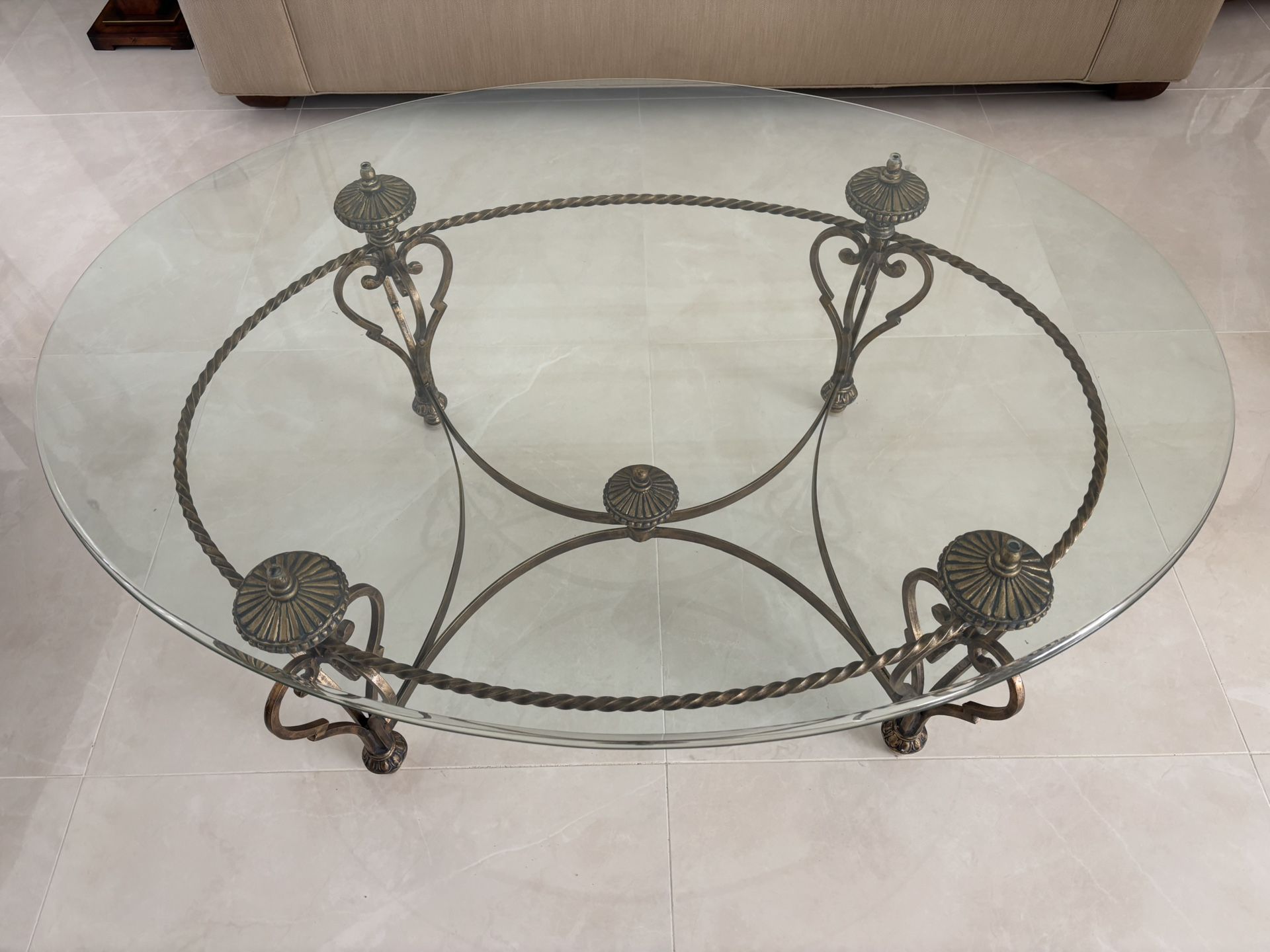 Thick oval Glass brass golden coffee table modern vintage