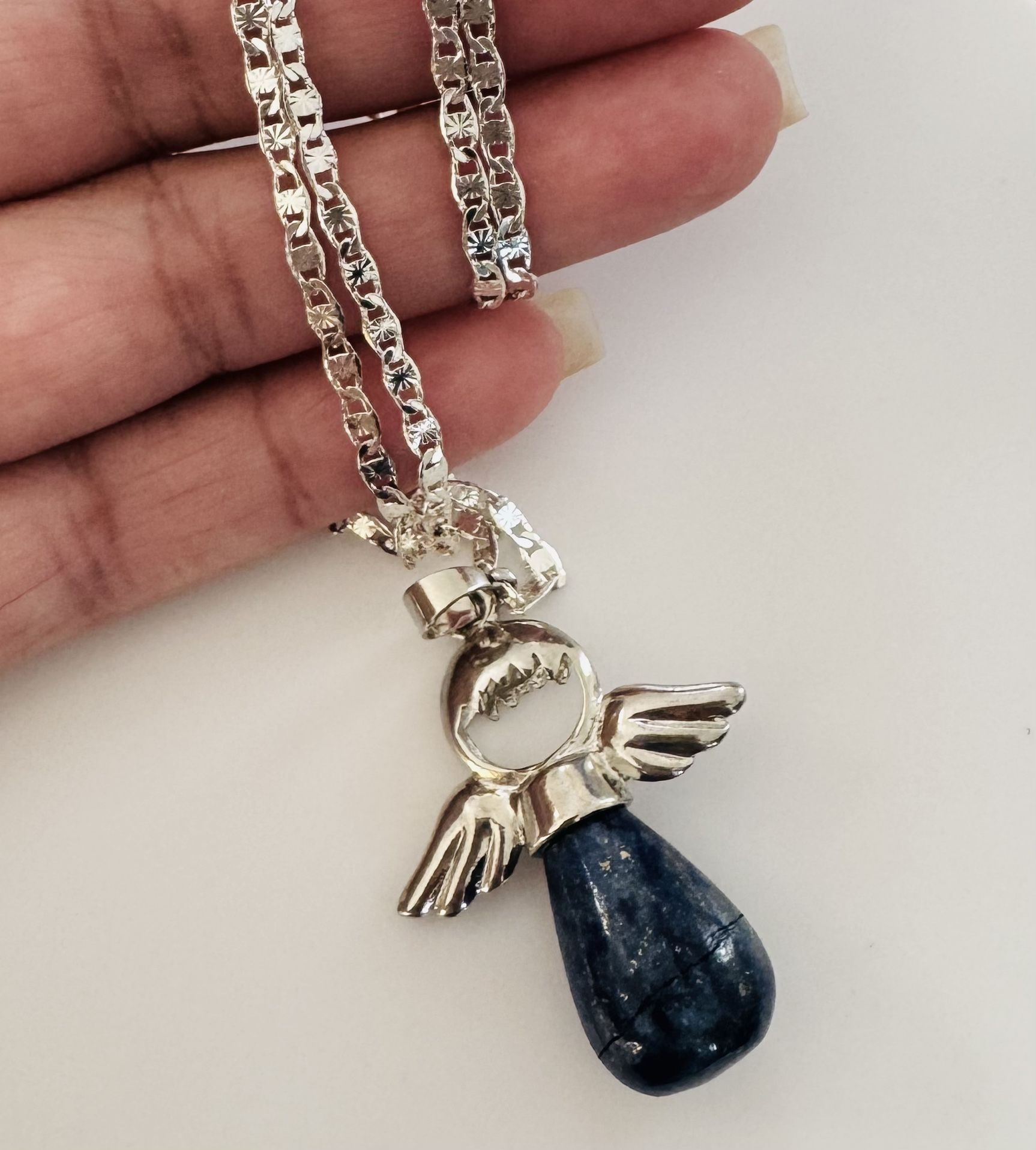 Blue natural stone Angel Necklace. Silver plated. New